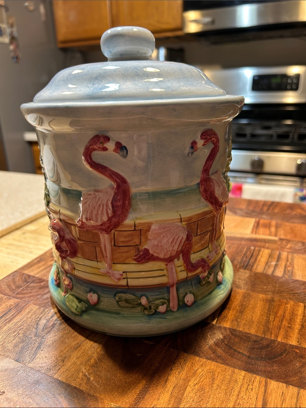 Ceramic Flamingo Canister or cookie jar- Hand-Painted Pink & Blue - Picture 4 of 12